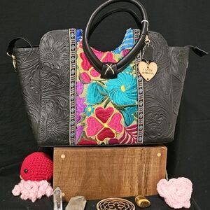 Black and Multicolor Embroidered Women Bag